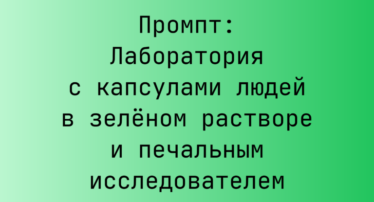 Промпт: Лаборатория с капсулами людей в зеленом растворе и печальным исследователем