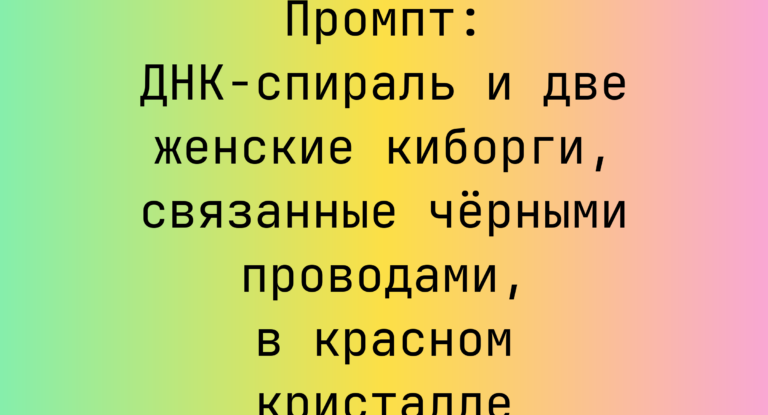 Промпт: ДНК-спираль и две женские киборги, связанные черными проводами, в красном кристалле