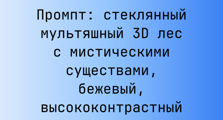 Промпт: стеклянный мультяшный 3D лес с мистическими существами, бежевый, высококонтрастный