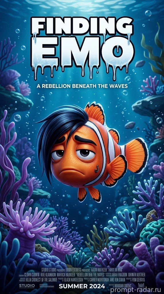 Промпт: 3D-постер фильма ‘Finding Emo’ — грустная рыба-клоун