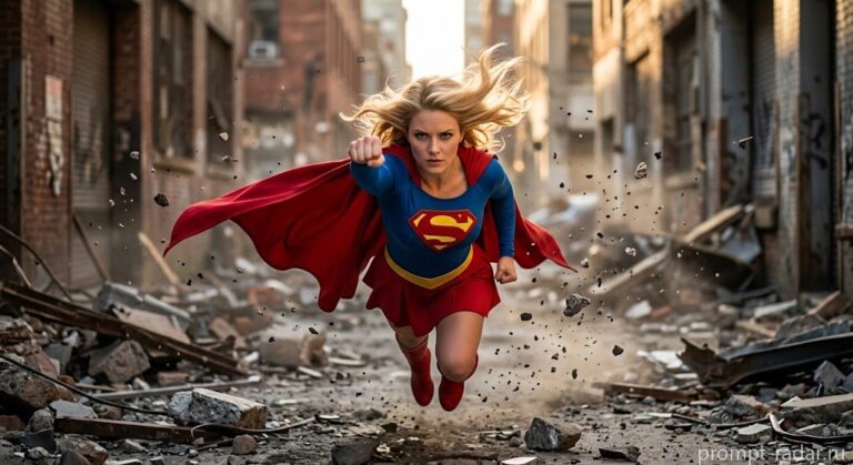 Промпт: Блондинка в сине-красном костюме Supergirl, удар в камеру на руинах
