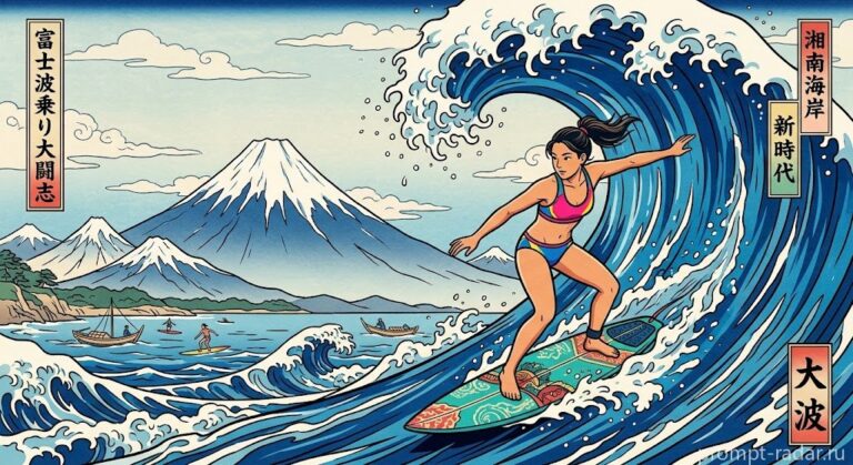 Промпт: Серфинг у Фудзи в стиле Hokusai (Кацусика Хокусай), в бикини