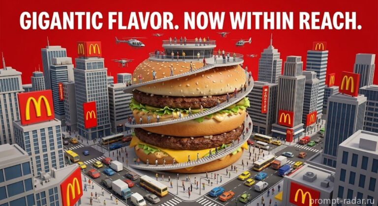 Промпт: Гигантский бургер-небоскреб с логотипами McDonald’s в городском рекламном пейзаже