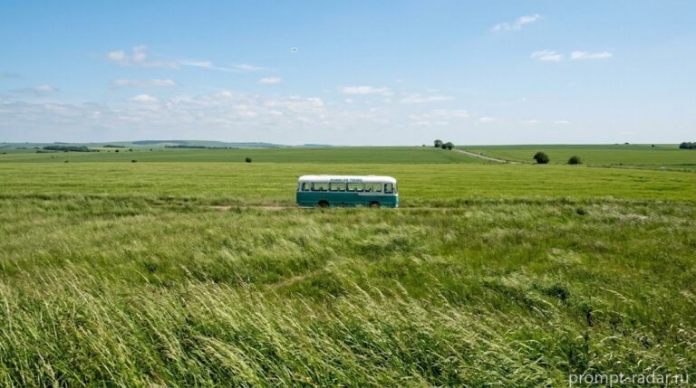 Промпт: Широкоугольный пейзаж — зелено-белый автобус в высокой траве на бескрайнем поле, днем