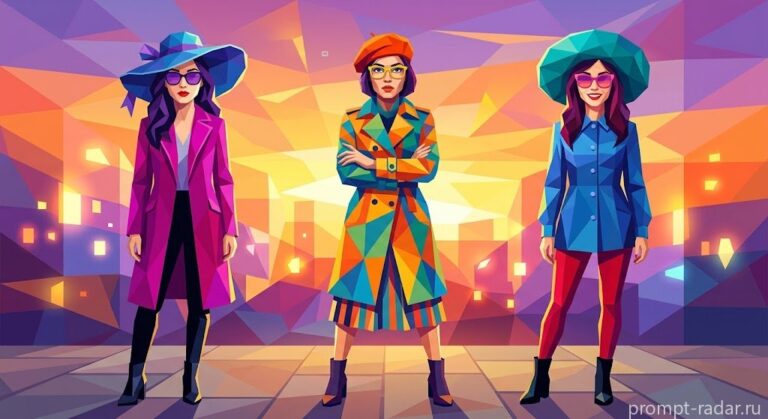 Промпт: геометрический low-poly портрет трех стильных женщин в полный рост
