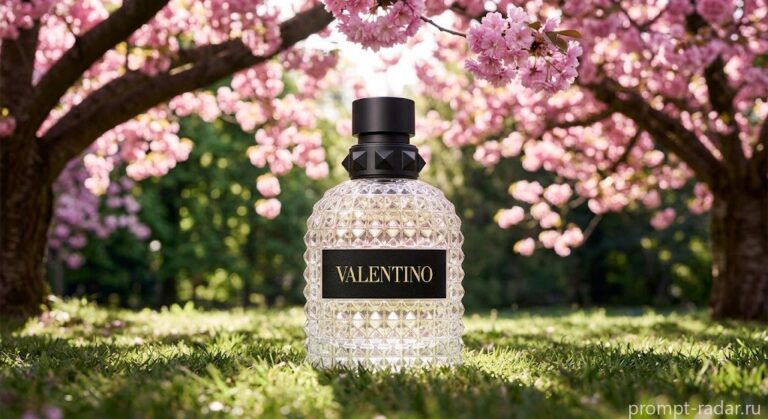 Промпт: Флакон VALENTINO алмазной огранки с шипованной крышкой на траве под сакурой