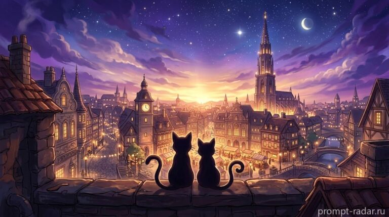 Промпт: Силуэты двух кошек на крыше, ночной европейский город, аниме