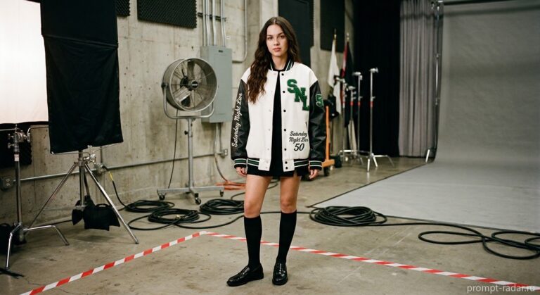 Промпт: Молодая женщина в белой varsity-куртке SNL, полный рост, закулисная студия