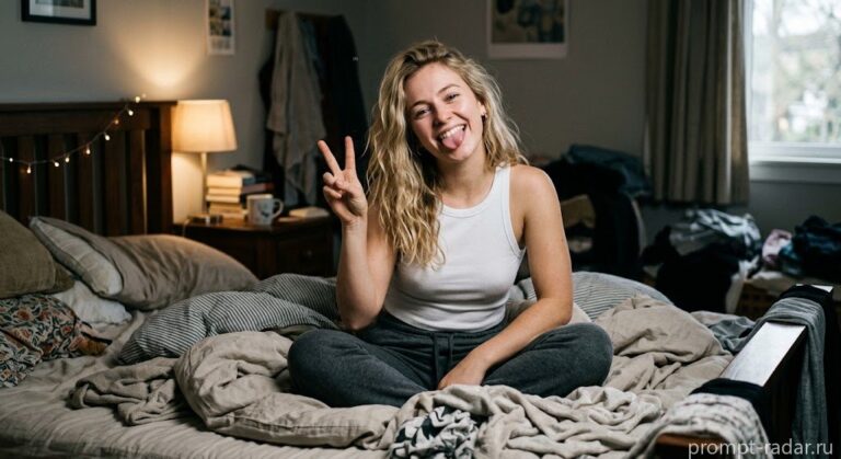 Промпт: Неформальный портрет блондинки на неубранной кровати, знак мира и высунутый язык