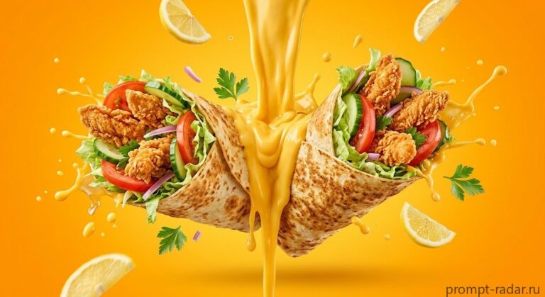 Промпт: Два шаурма-ролла с хрустящей курицей, сырным соусом и лимоном