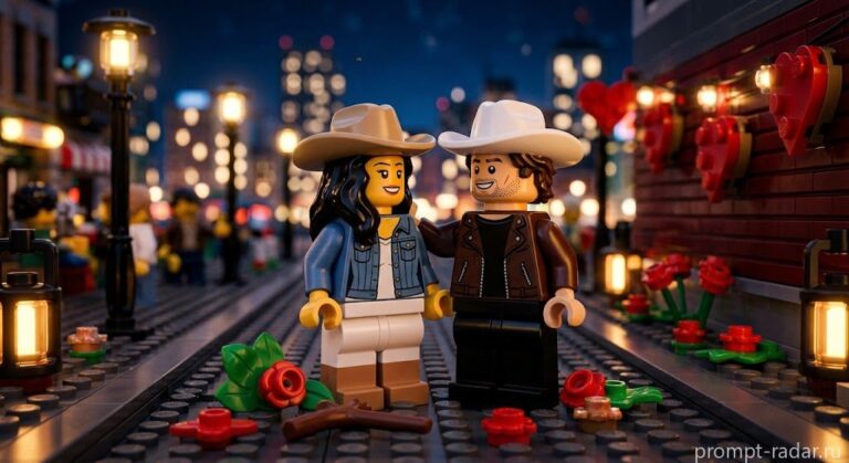 Промпт: Романтическая сцена LEGO-минифигур в ночном городе