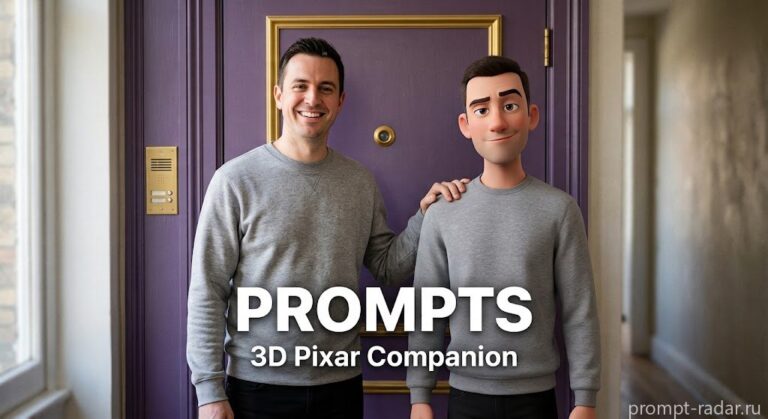 Промпт: Мужчина и 3D Pixar-двойник в одинаковых свитшотах у фиолетовой двери