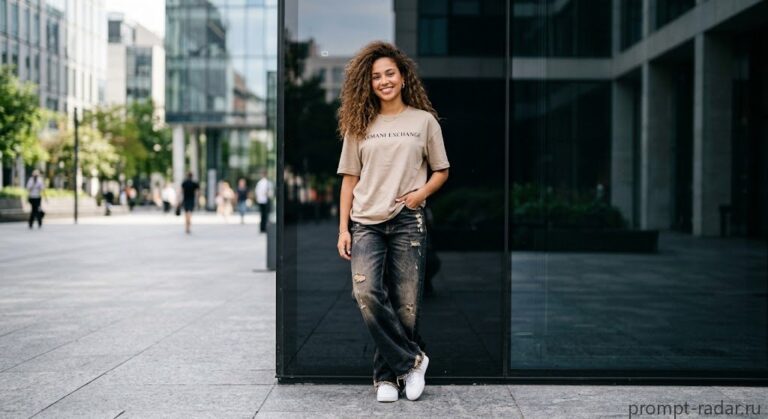Промпт: Модная молодая женщина в футболке ARMANI EXCHANGE у темной стеклянной стены