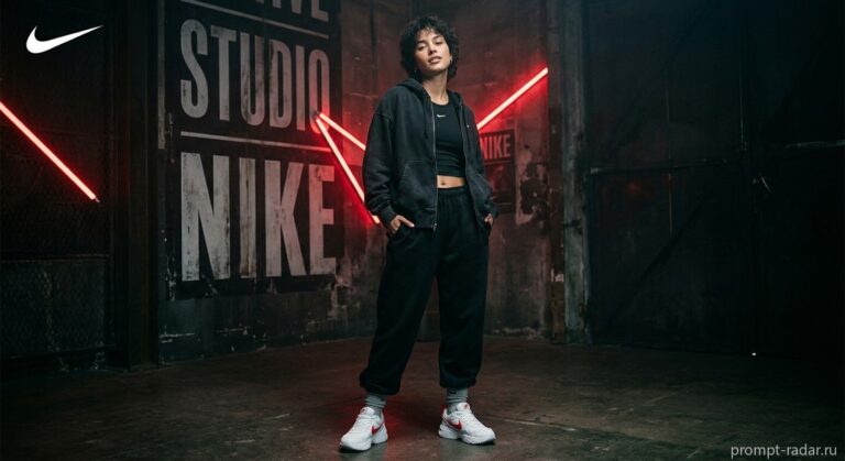 Промпт: Молодая женщина в черном худи — студийный рекламный кадр NIKE