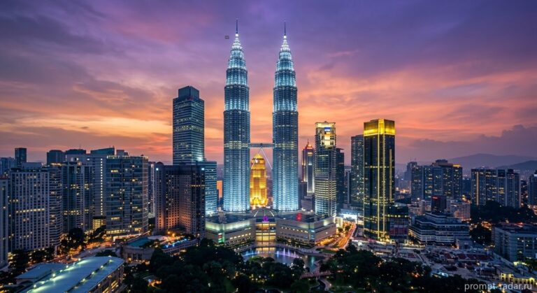 Промпт: Сумеречный вид на Petronas Twin Towers в пурпурно-оранжевом небе