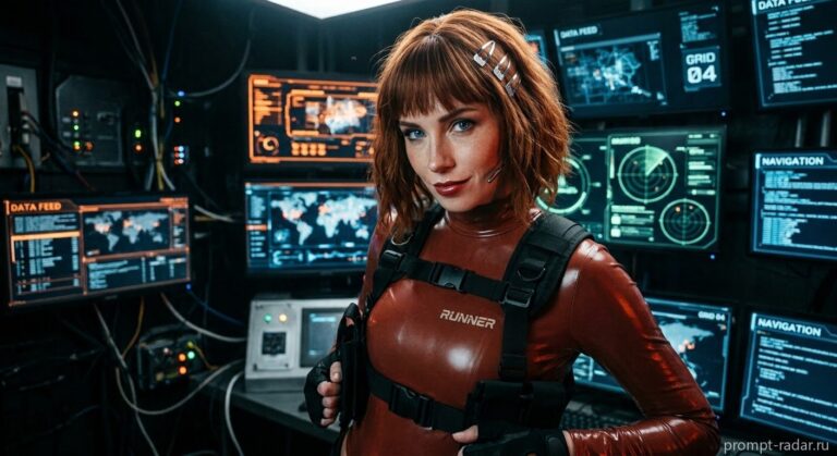 Промпт: Женщина в блестящем костюме ‘RUNNER’ на фоне неоновых экранов