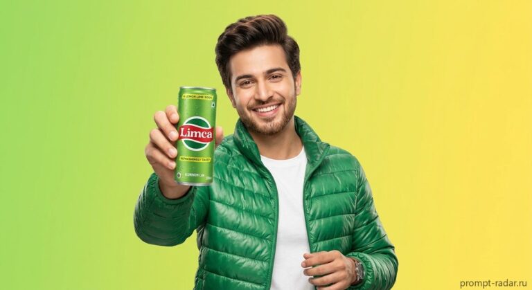 Промпт: Рекламный портрет мужчины с банкой Limca