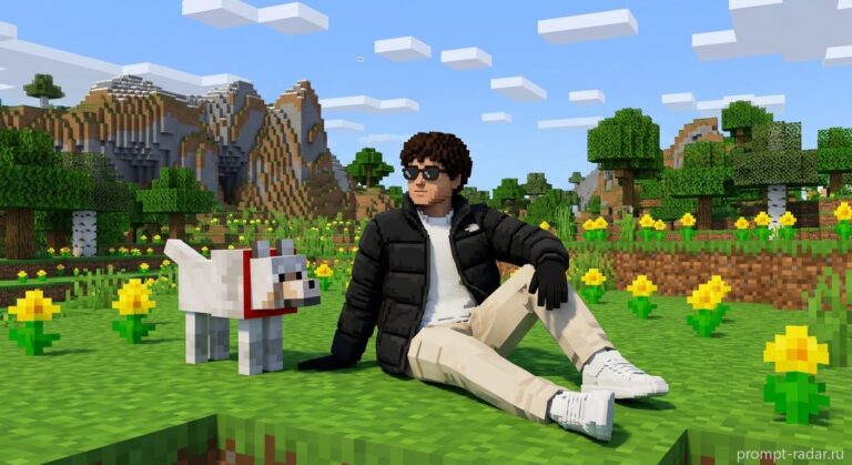 Промпт: Молодой мужчина и пиксельный пес в стиле Minecraft
