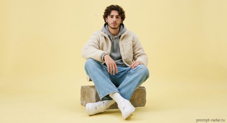 Промпт: Молодой мужчина в streetwear на бетонном блоке, желтый фон, низкий ракурс
