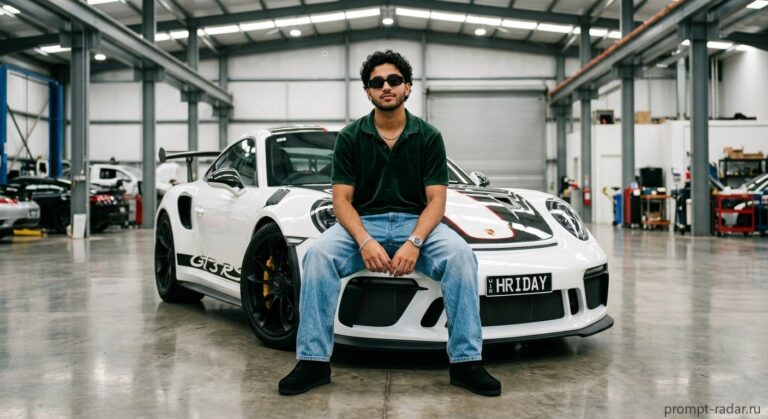 Промпт: молодой мужчина на бампере белого Porsche GT3 RS в ангаре