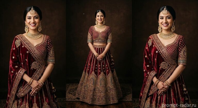 Промпт: Женщина в красно-золотой лехенга-чоли с маанг-тикой — студийная модная фотография