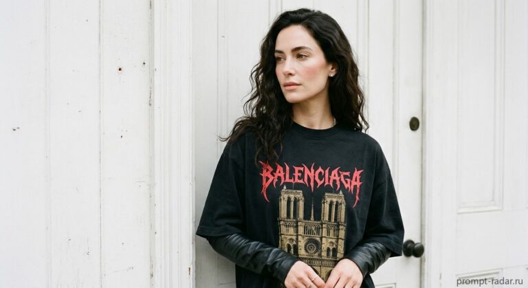 Промпт: женщина в черной оверсайз футболке Balenciaga с золотым принтом, крупный план