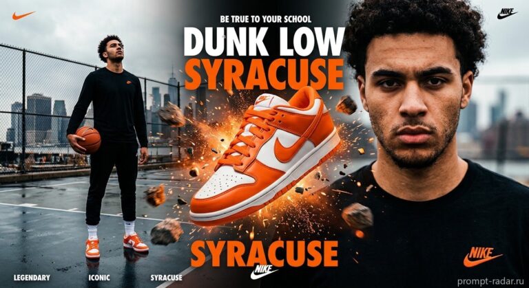 Промпт: Рекламный постер Nike Dunk Low (Syracuse) — портрет, корт, оранжевый взрыв