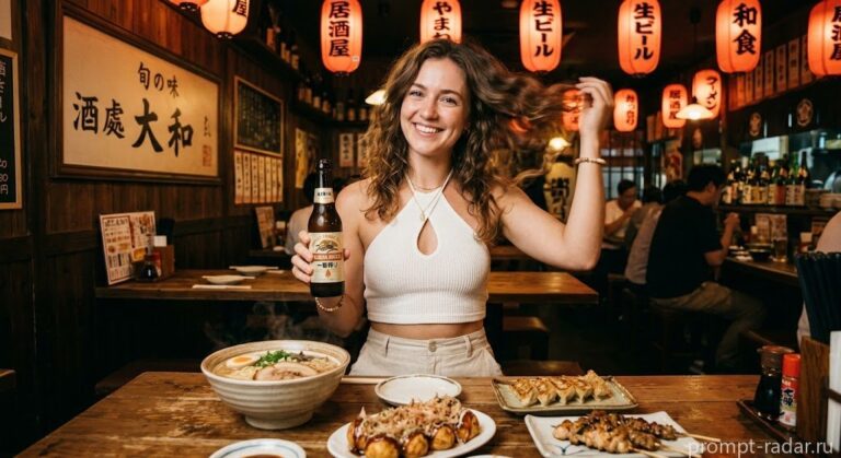 Промпт: улыбающаяся девушка в японском ресторане с Kirin и блюдами, теплое освещение