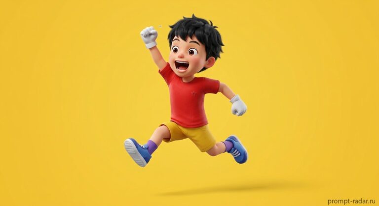 Промпт: 3D мальчик в прыжке, яркий мультяшный стиль, желтый фон