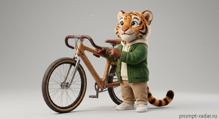 Промпт: 3D милый антропоморфный тигренок у велосипеда, студийный рендер
