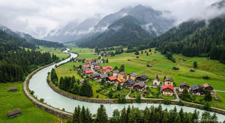 Промпт: Аэрофото долины с изогнутой рекой и красными крышами