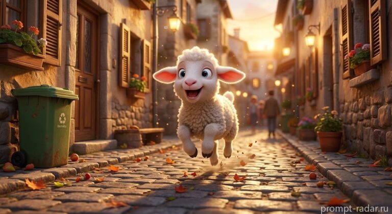 Промпт: радостный ягненок в закатном переулке, 3D-стиль Pixar (Пиксар) и Disney (Дисней)