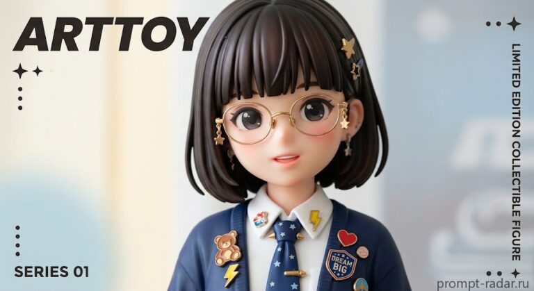 Промпт: 3D-крупный план аниме-девушки в очках, коллекционная фигурка