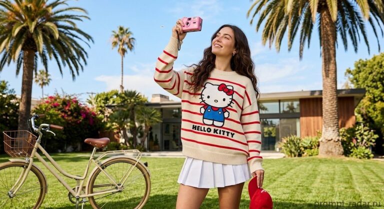 Промпт: Девушка смотрит вверх с розовой камерой, свитер Hello Kitty, пальмы