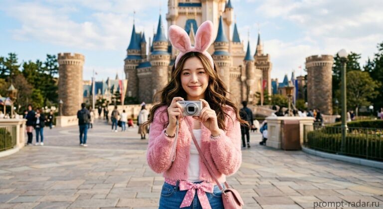 Промпт: девушка в розовых ушках с фотоаппаратом на фоне сказочного замка
