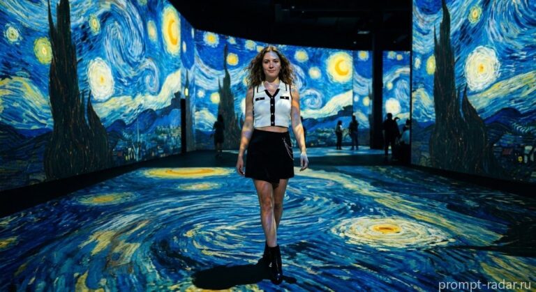 Промпт: Женщина в галерее-проекции Starry Night Vincent van Gogh (Винсента Ван Гога)