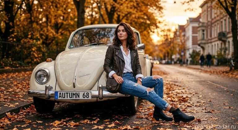 Промпт: Фотореалистичный уличный портрет брюнетки, опирающейся о ретро Volkswagen осенью