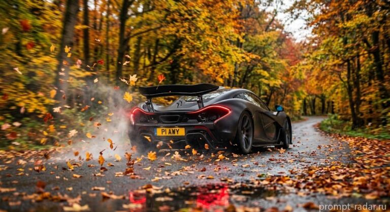 Промпт: фотореалистичный низкий ракурс — черный McLaren P1 в осеннем лесу
