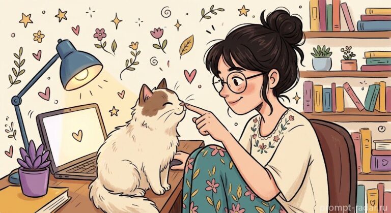 Промпт: Рисованная уютная сцена — девушка трогает нос кота