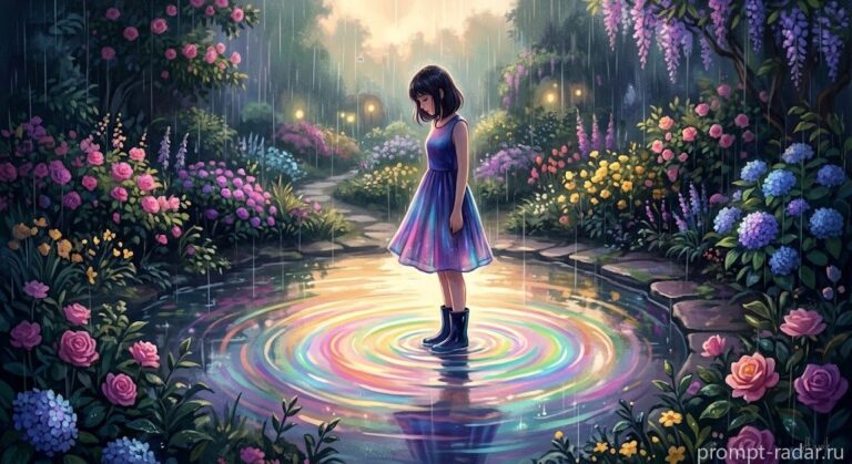 Промпт: Девушка в луже с радужными кругами — Makoto Shinkai (Макото Синкай)
