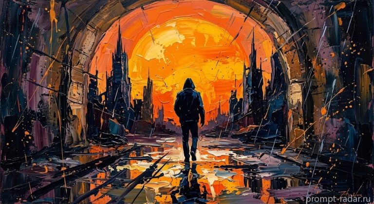 Промпт: Одинокая фигура в капюшоне на мокрой улице, гигантское оранжевое солнце, импасто