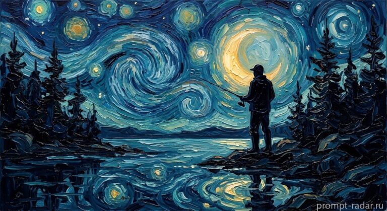 Промпт: Силуэт рыбака у озера в стиле Van Gogh (Ван Гога)