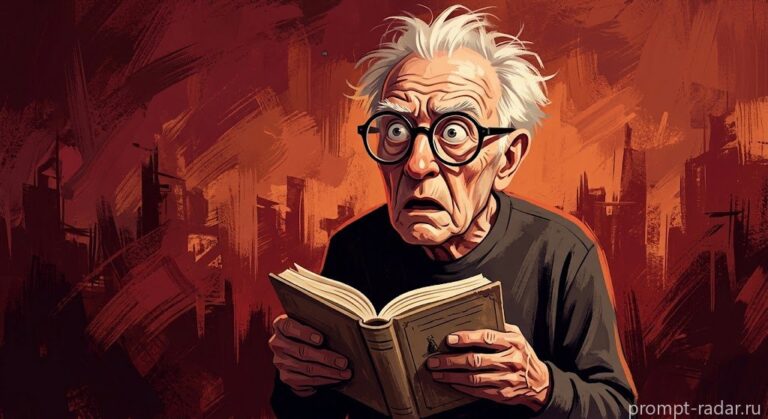 Промпт: старик в шоке с книгой, в стиле Wes Anderson (Уэса Андерсона) и Tim Burton (Тима Бертона)