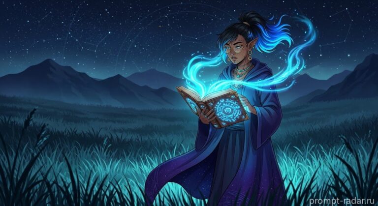 Промпт: цифровая иллюстрация эльфа-волшебника с светящейся книгой в стиле аниме