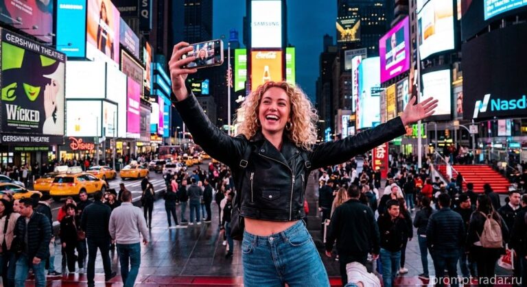 Промпт: Селфи восторженной туристки в неоновом Times Square