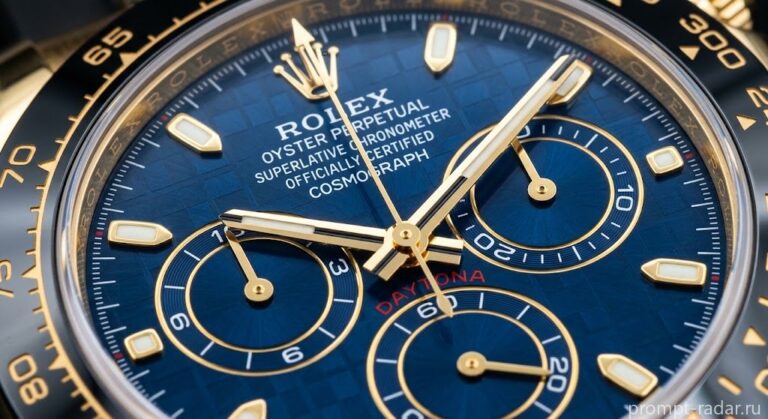 Промпт: макро-план циферблата Rolex Daytona, темно-синий с золотыми стрелками
