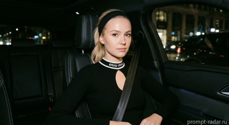 Промпт: Портрет блондинки в ночном люксовом автомобиле с логотипом miu miu