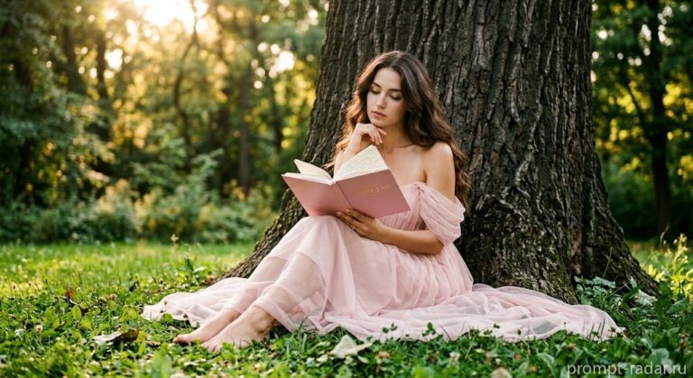 Промпт: босая девушка в розовом платье читает книгу у дерева на закате