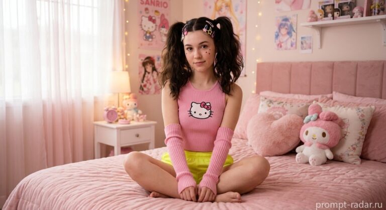 Промпт: Девушка с высокими хвостиками в розовой спальне, Hello Kitty