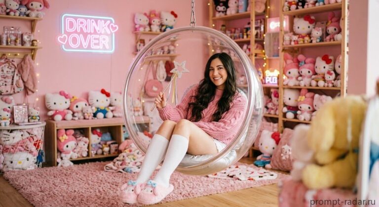 Промпт: Девушка в акриловом кресле-пузыре в розовой комнате Hello Kitty